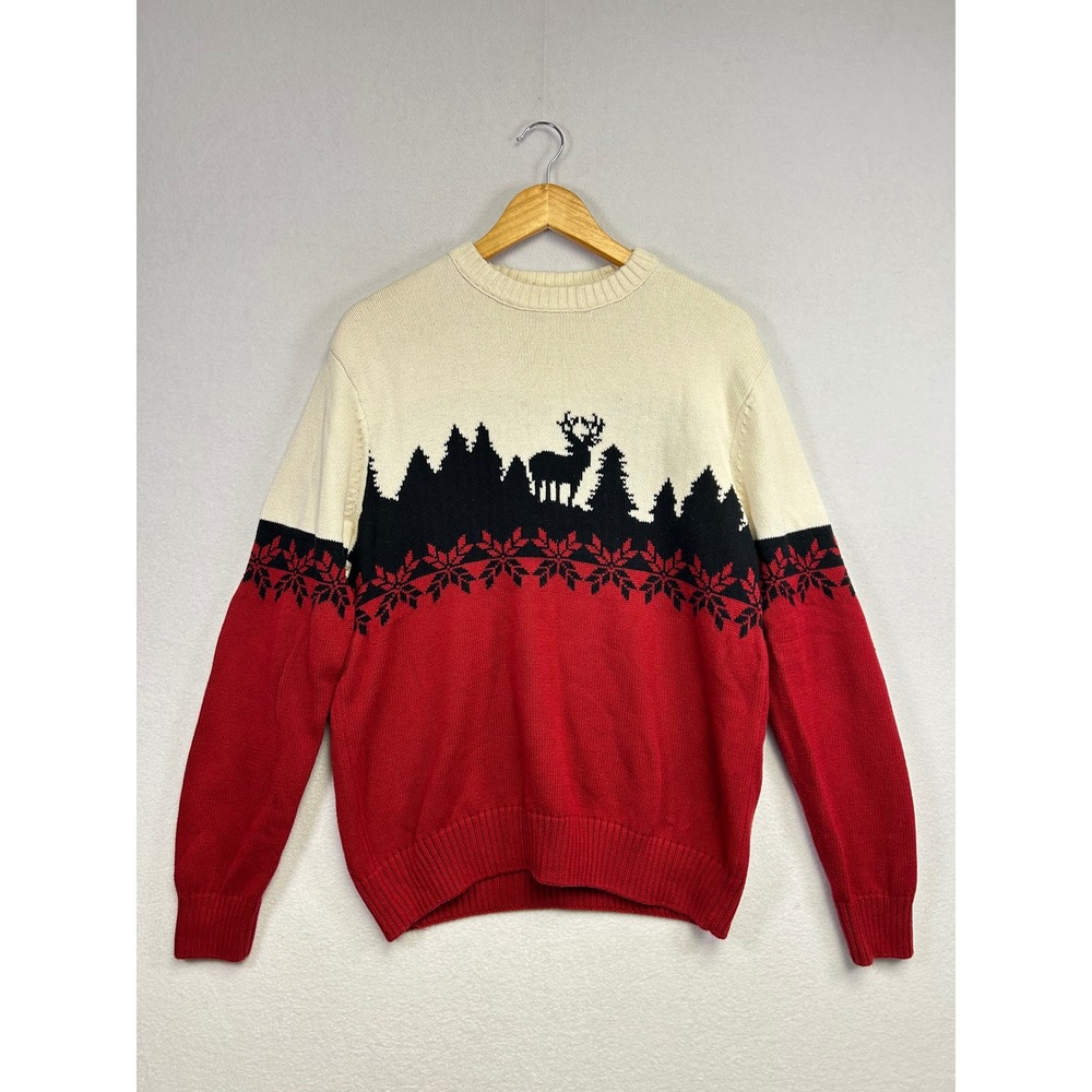Dockers Mens Sweater Cream Red Black Deer Trees Snowflake Knit M